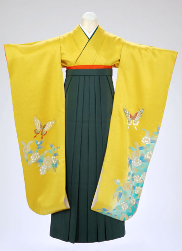 着物・袴セット/からし地裾青箔牡丹蝶　　　(12　　)