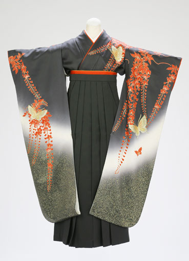 着物・袴セット/黒地裾たたき赤の藤花　(13　)