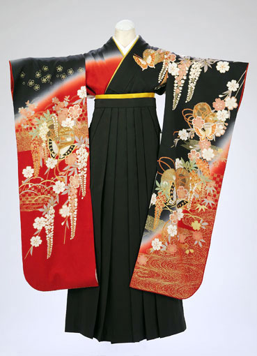着物・袴セット/赤地裾黒枝垂桜に鼓　　(12　)