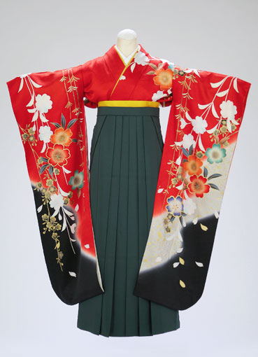 着物・袴セット/赤地裾黒に桜　　　　　(12　)